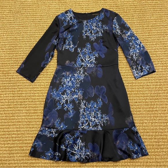 Banana Republic Navy Blue Floral Ruffle Hem Fit and Flare 3/4 Sleeve Dress 4 - Picture 3 of 10